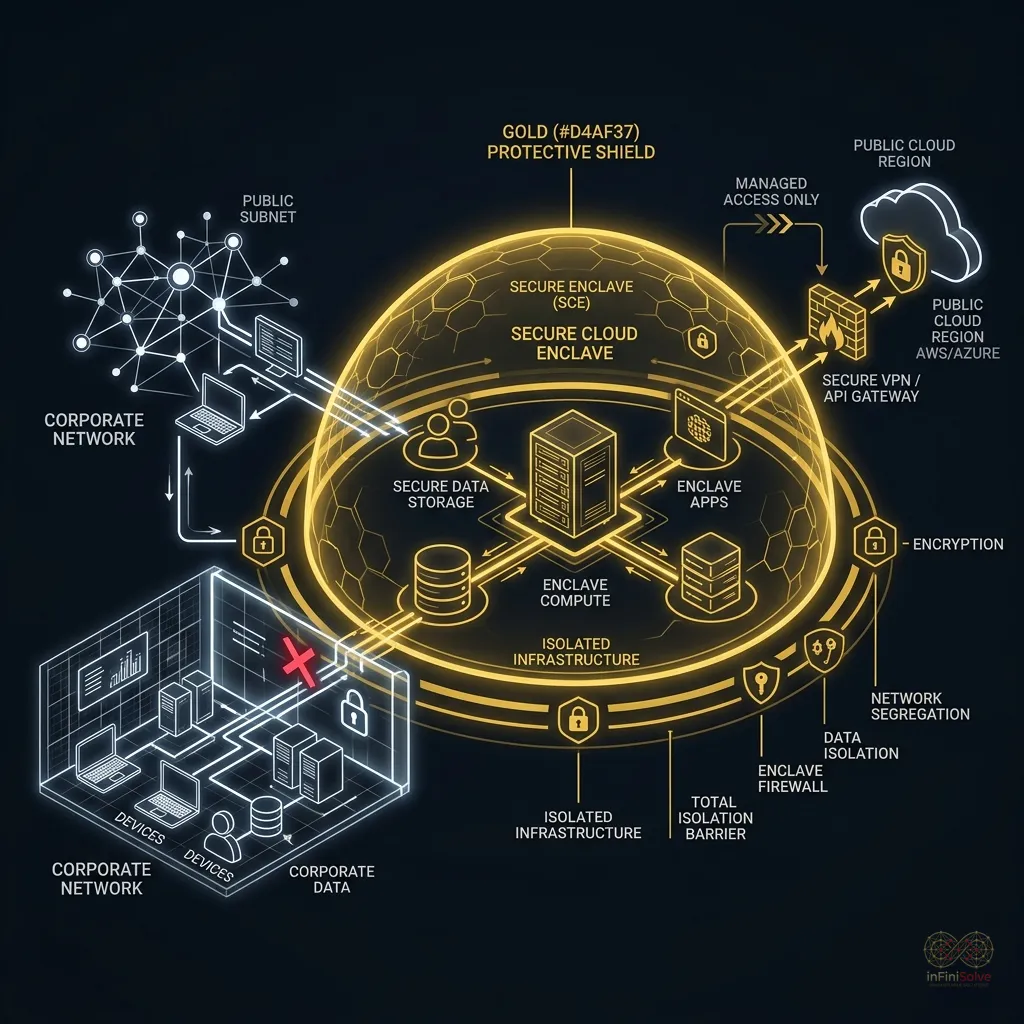 Architecture diagram showing secure cloud enclave boundaries isolated from corporate networks