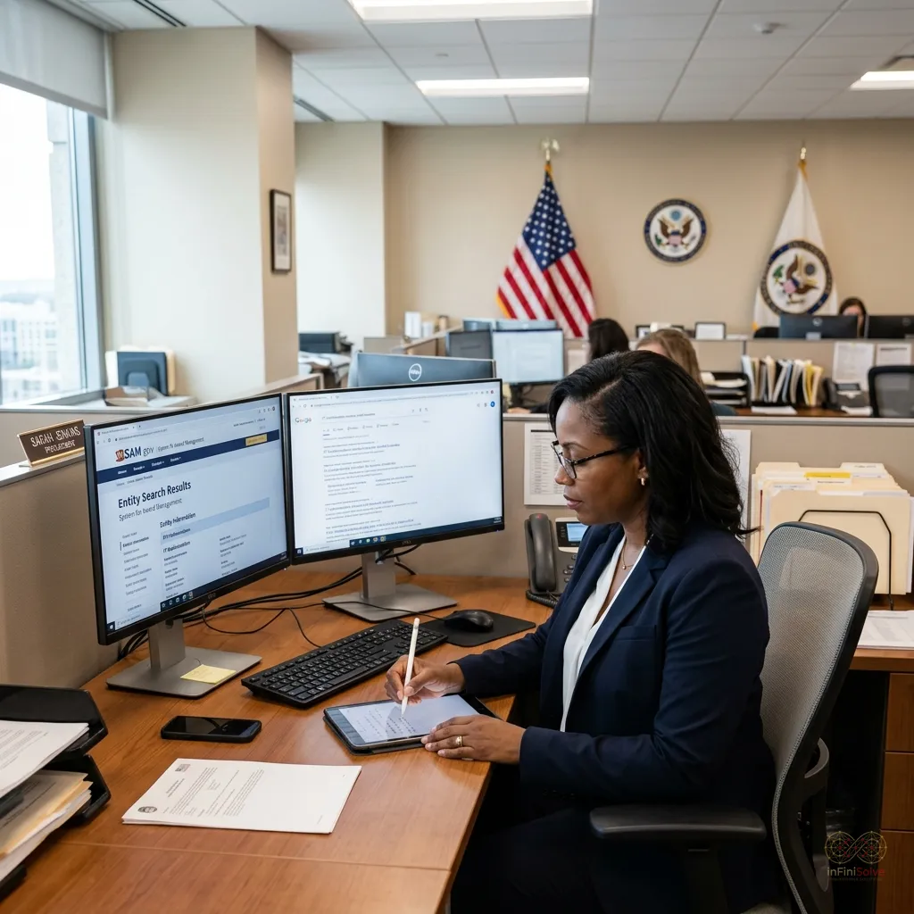 Federal contracting officer conducting market research using SAM.gov and Google