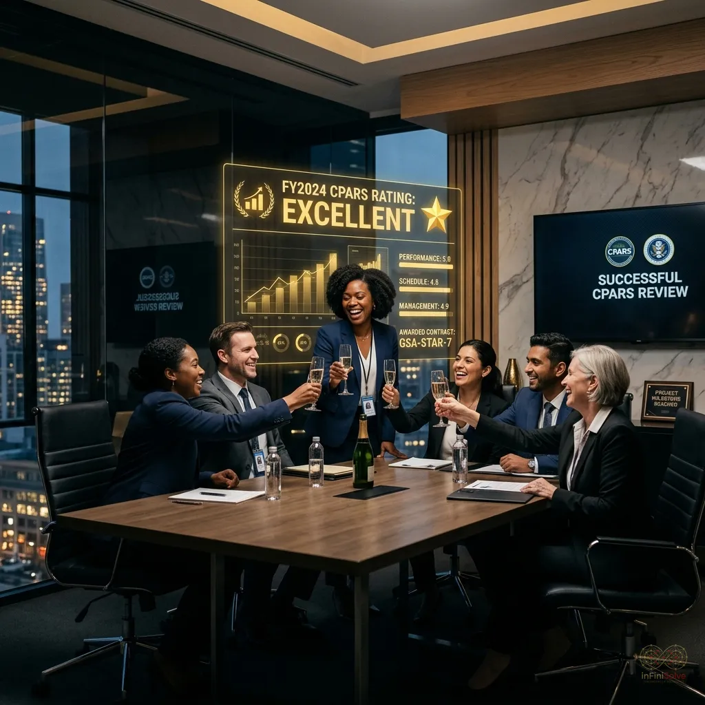 Diverse team of federal contractors celebrating a successful CPARS rating in a glass boardroom