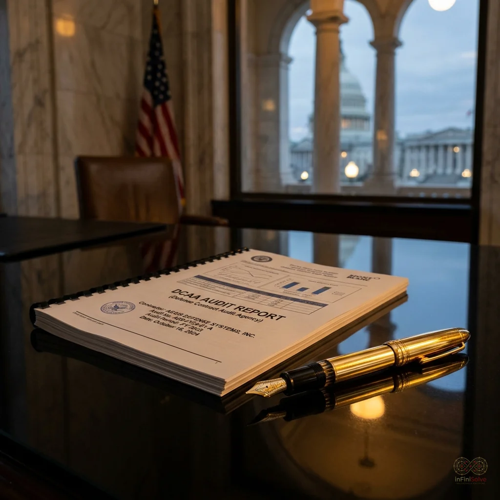 A physical DCAA Audit Report on an obsidian executive desk.
