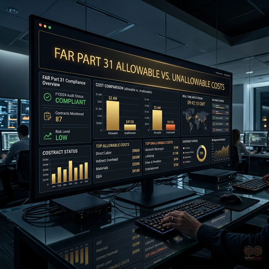 A digital dashboard displaying FAR Part 31 Allowable vs. Unallowable Costs.