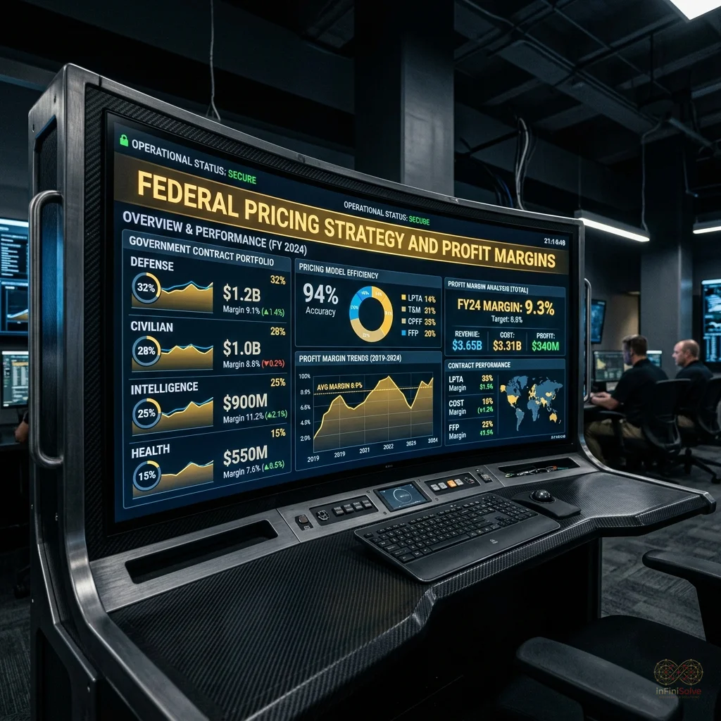 A digital dashboard displaying Federal Pricing Strategy and Profit Margins.