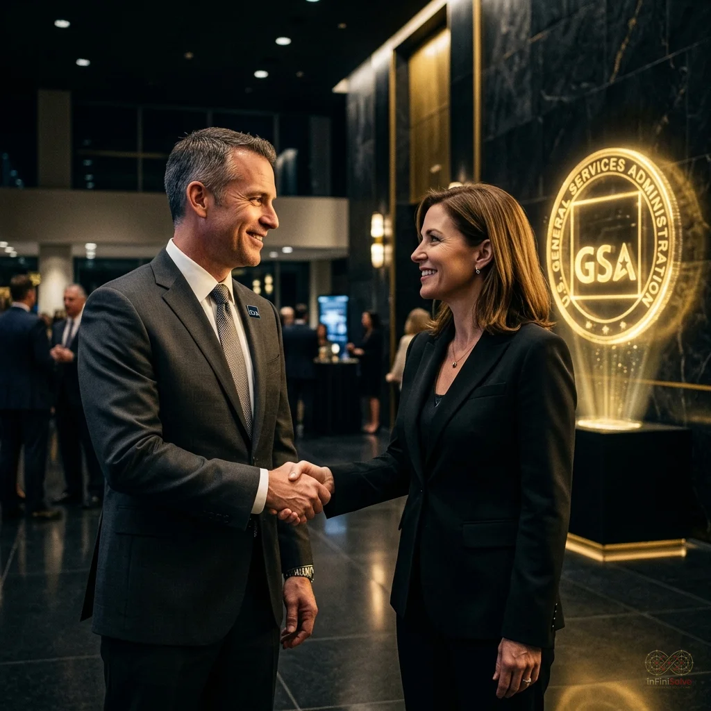 A firm handshake between a federal contracting officer and a small business CEO with a GSA seal.