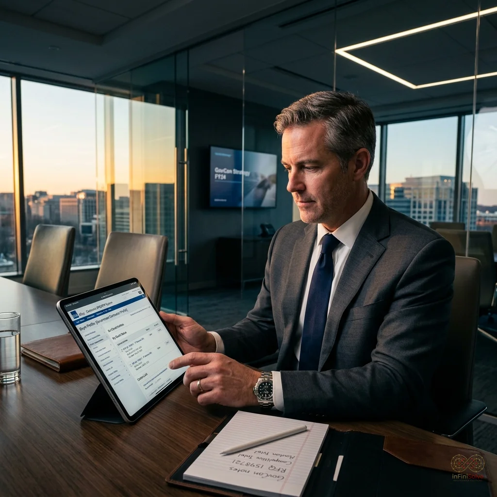 An executive reviewing the digital GSA eBuy Portal on a tablet.