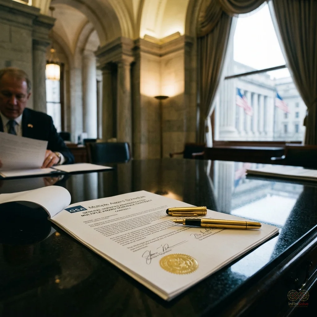 A physical GSA Multiple Award Schedule contract on an obsidian executive desk.