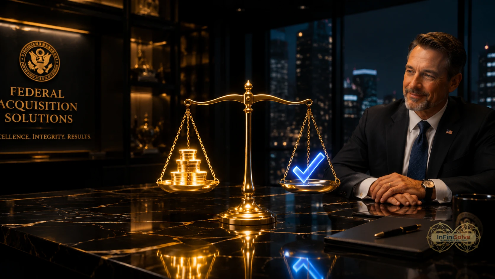 GovCon executive calculating LPTA pricing strategy margins