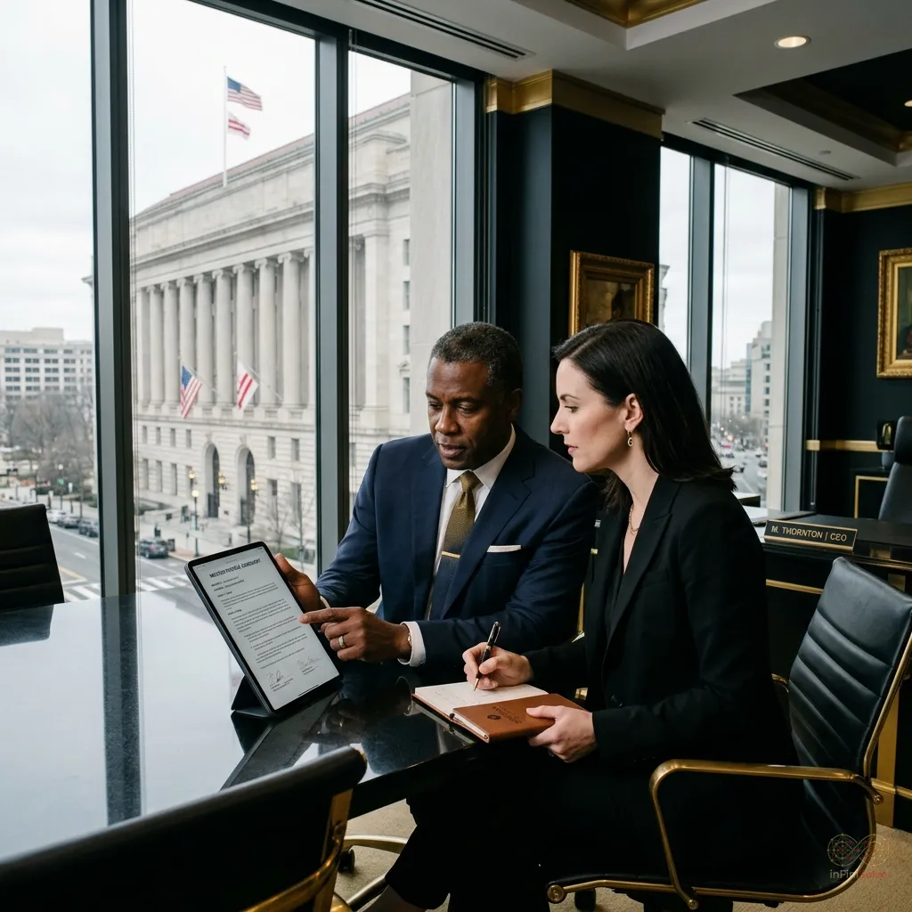 Two executives reviewing a Mentor-Protégé Agreement on a tablet in a federal office