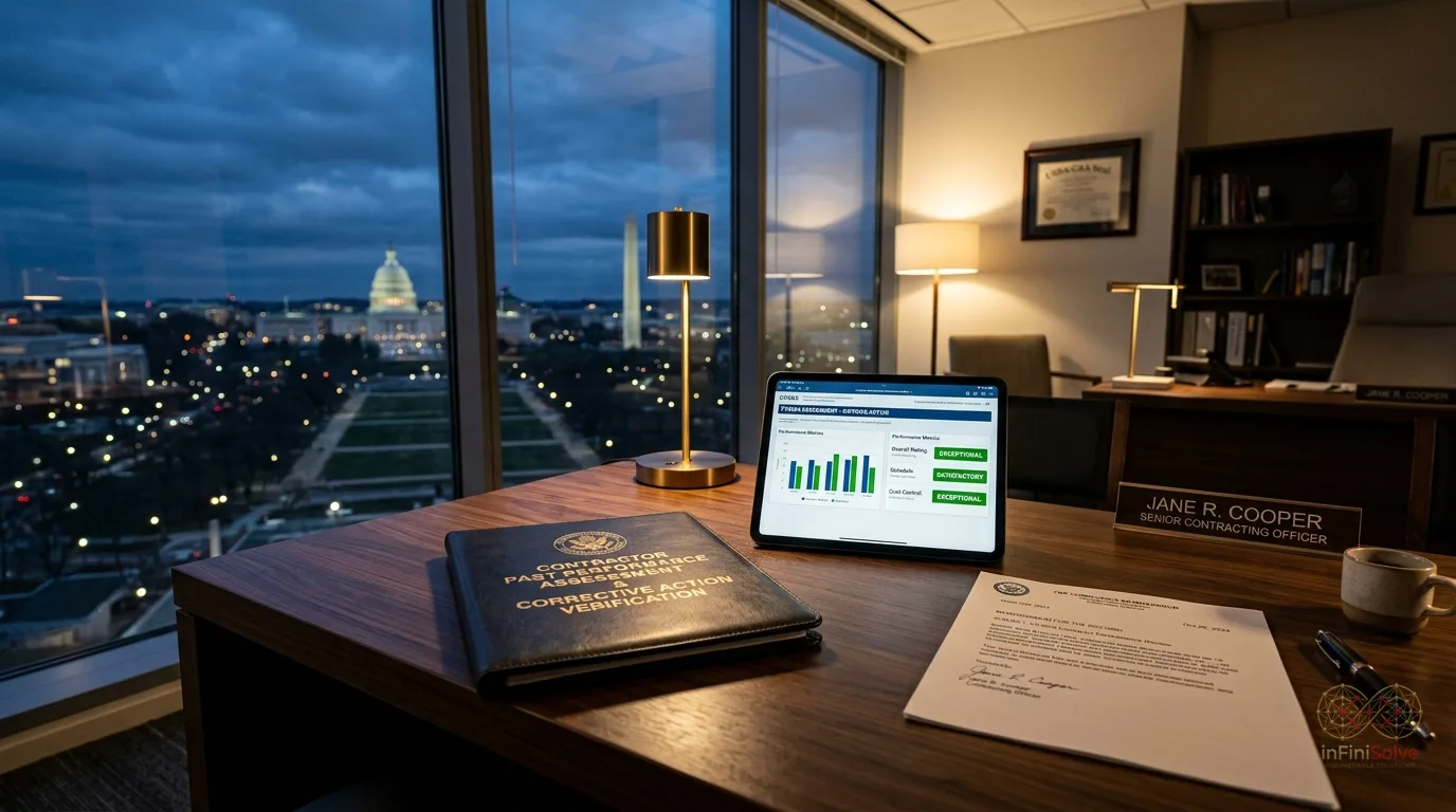 Contracting officer executive desk overlooking Washington DC with verified corrective action documentation and CPARS metrics