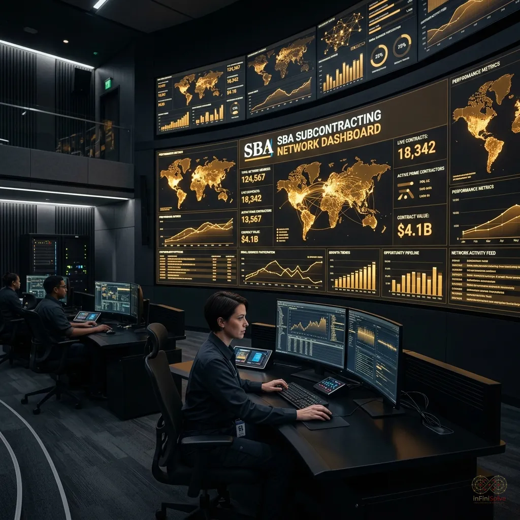 Modern control center displaying the SBA Subcontracting Network dashboard with golden data visualizations