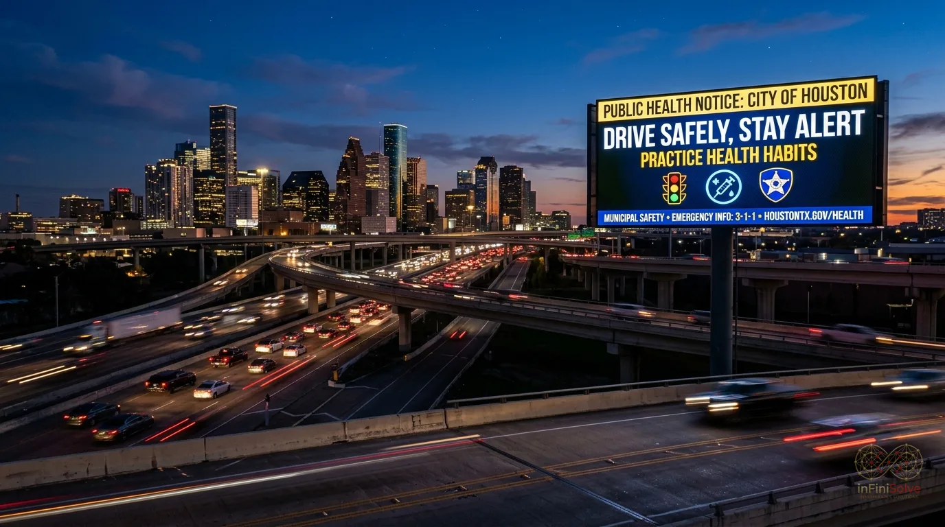 High-definition digital LED highway billboard displaying a municipal public safety notice