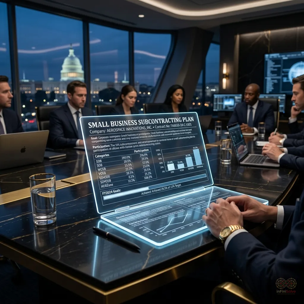 Digital document titled Small Business Subcontracting Plan on high-tech conference table